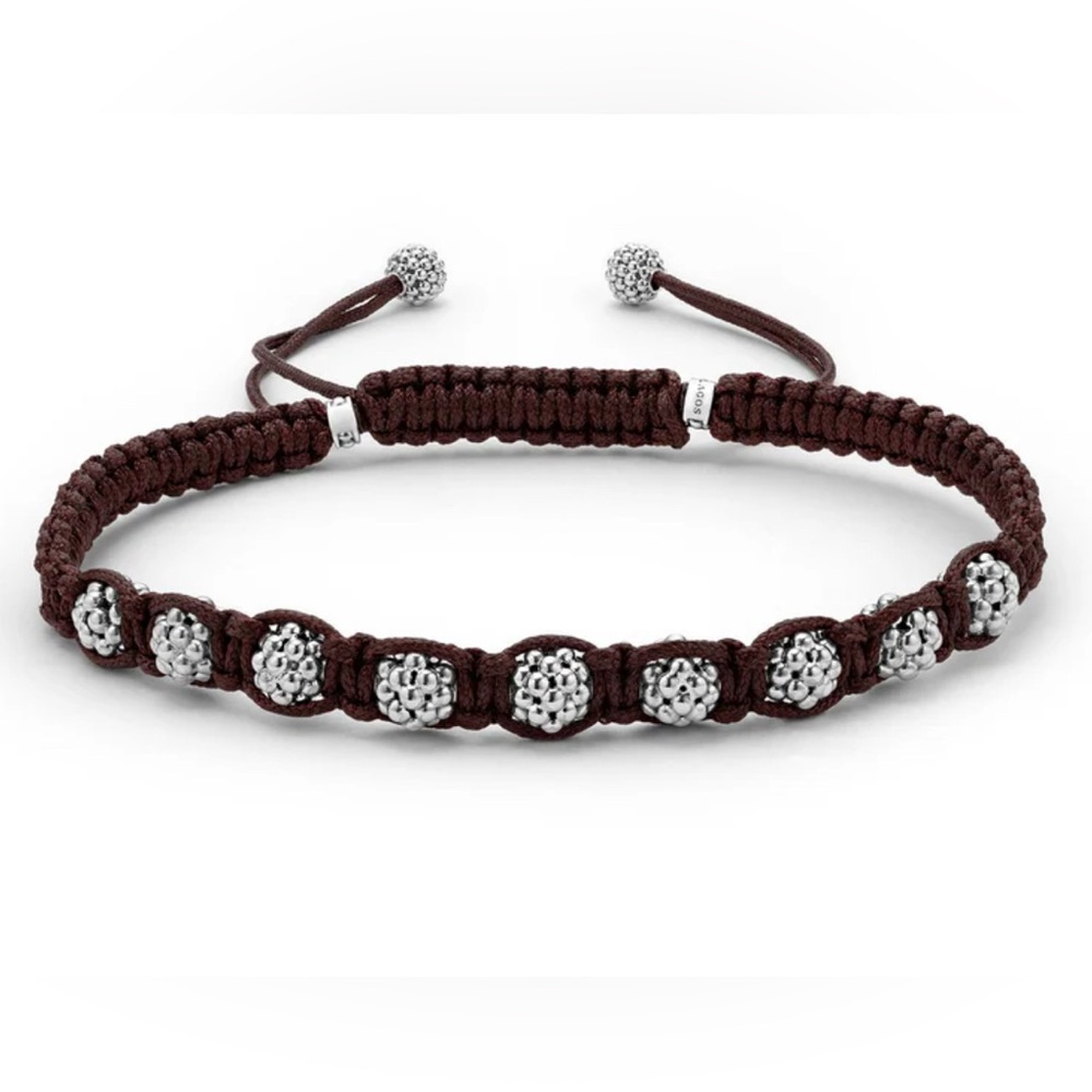 Lagos Anthem Brown Macrame Sterling Silver Caviar Beaded Unisex Bracelet Size 8